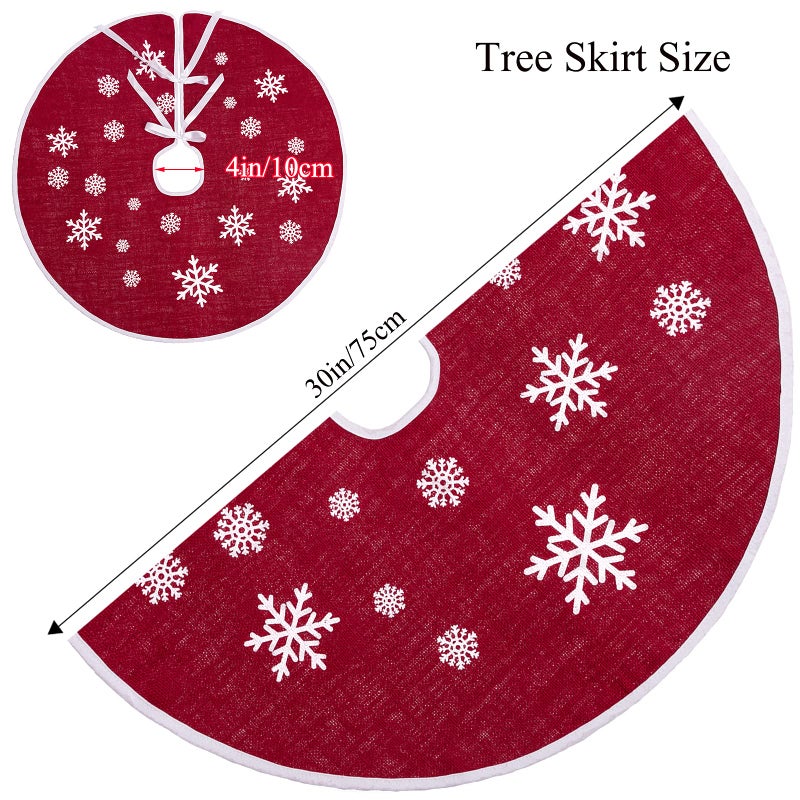 MACTING Christmas Burlap Tree Skirt, 30 Inch Red Countryside Tree Skirt with White Snowflake Printed, Small Rustic Tree Mat for Home Party Holiday Winter Indoor Xmas Decorations - Image 5